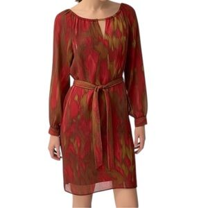 Banana Republic Red & Brown Ikat Long Sleeve Keyhole Neck Dress Size 0